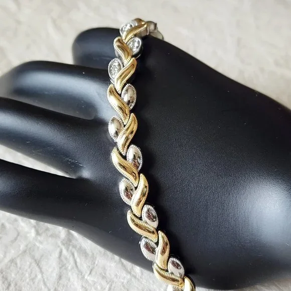 Tennis Link Bracelet Silver Gold Two Tone Hearts Mid Century Modernist 7" Gift - Picture 4 of 9